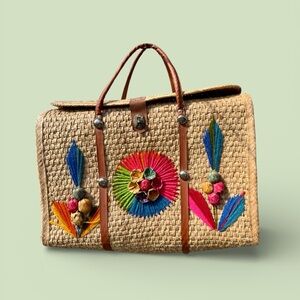 Vtg 70s Mexico Hand Woven Straw Basket Beach Bag Travel Tote Boho Resort Raffia